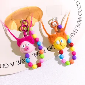 Cartoon Fuzzy Hair Keychain Colorful Beaded Bag Charm Cute Monster Face Pendant Y2K Dopamine Accessories For Women Girls