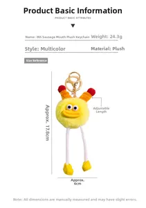 Detailed view of plush potato keychain with large lips and 17.8cm length scale