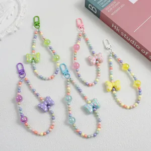 Women Macaron Acrylic Beads Bag Pendant With Polka Dot Bowknot Girls Cute Phone Charm Keychain Accessories Gift