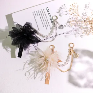 Elegant Feather Mesh Flower Keychain Imitation Pearl Metal Chain Heart Pendant Bag Charm Accessory For Women Gift