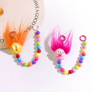 Cute cartoon plush keychain with colorful beads and fluffy hair for bags and backpacks