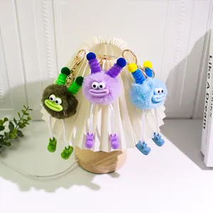 Detailed trio of plush potato monster keychains with long legs and funny expressions