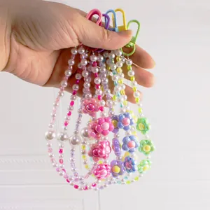 Handmade flower pearl beaded keychain strap in colorful rainbow styles for bags and phones