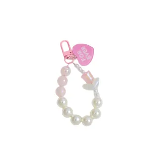 Ciondolo per cellulare con perle rosa e bianche a forma di cuore e tulipano