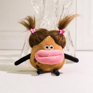 Detailed view of plush potato pendant with pink sausage lips and fuzzy hair