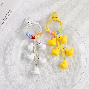 Cute Cartoon Duck Keychain Colorful Smile Face Beads Resin Animal Pendant Keyring For Women Bag Decoration Creative Gift