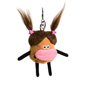 Funny fuzzy potato plush keychain with big pink lips and star hairclips for bag decor