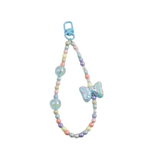 Colorful macaron beaded charm with blue polka dot bow for phone and bag decoration
