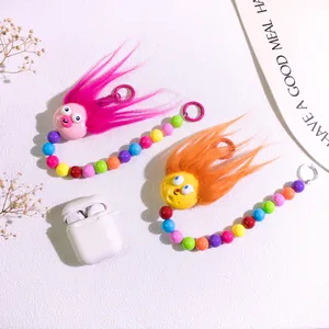 Cute cartoon plush keychains with colorful acrylic beads for bags and earphones