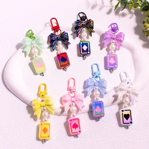 Lot de porte-clés nœud en acrylique avec pendentifs poker et perles en 8 couleurs vives