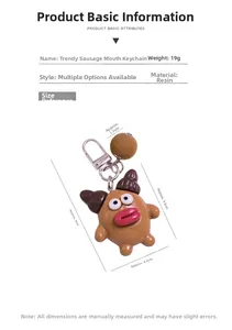 Detailed view of 19g resin monster keychain with red sausage lips and plush ball