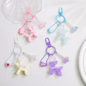 Cute Acrylic Balloon Dog Keychain For Women Girls Candy Colors Key Ring With Faux Pearl Heart Rainbow Charms Bag Decoration Accessories