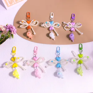 Cute Beaded Bowknot Heart Lollipop Keychain Imitation Artificial Pearl Bag Pendant Resin Charm For Women Girls Schoolbag Accessories