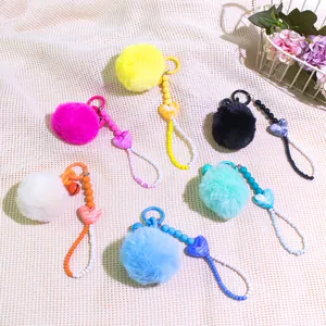 DIY colorful faux fur pompom keychain with acrylic beads and heart charm for bags