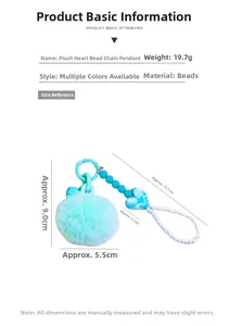 Detail view of mint green plush heart bead chain with dimensions and weight marked