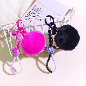 Plush faux fur heart pom pom keychain with colorful beads and marble charm