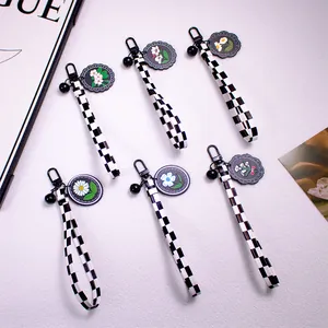 Checkerboard Wrist Strap Ribbon Keychain Modern Acrylic Round Flower Pendant Black Bell Lobster Clasp Bag Charm Accessory For Women