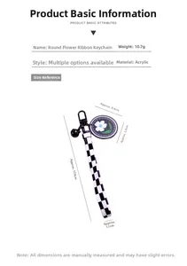 Detailed size map of acrylic flower charm keychain with black and white plaid ribbon