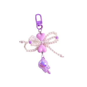 Purple heart lollipop keychain with pearl bow and beaded charms for women bags