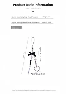 Detailed size specifications for the silver syringe pendant with black bow and cross