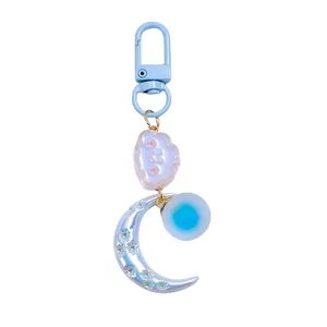 Cute cartoon cloud and moon keychain with blue spring buckle for bags and keys