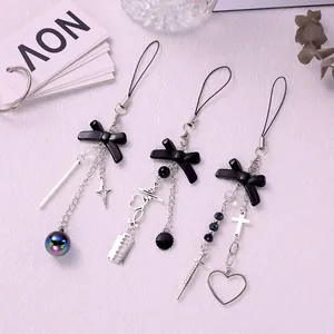 Gothic Y2K Phone Charm Black Bowknot Metal Chain Cross Syringe EKG Star Razor Blade Bag Decoration Accessory For Women