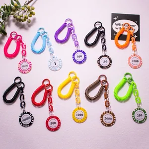 Vintage Poker Chip Keychain For Women Kids Trendy Acrylic Spiral Coil Anti-Lost Key Ring Purse Bag Charm Accessory