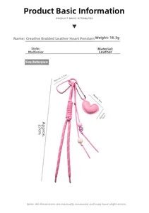 Detailed view of pink leather heart charm with woven cord weighing 18.3g for bag
