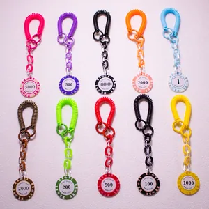 Colorful poker chip keychains with spring coil and plastic link chain in various colors