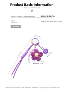 Detailed sizing chart for purple crochet flower keychain with dimensions and bead details