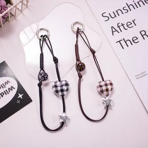Plaid heart and star charms braided phone strap with silver ring clasp accessory