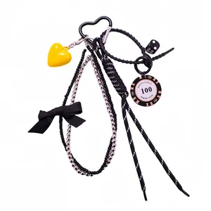 Miu style heart pendant with poker chip and woven leather rope for bag charm