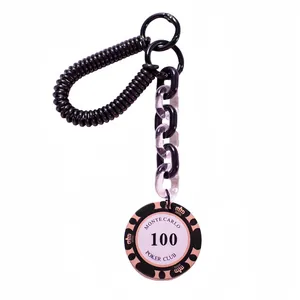 Monte Carlo poker chip keychain with black spring coil and durable plastic chain