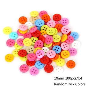 Macro detail of 10mm assorted colorful round 4-hole resin buttons for DIY sewing