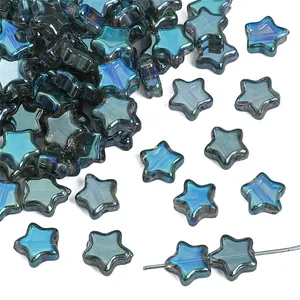 Macro view of 8mm star shaped glass beads with iridescent blue coating for DIY jewelry