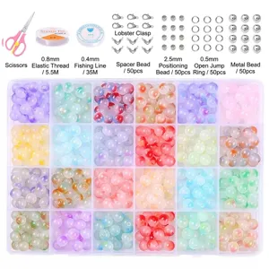 DIY jewelry kit with 8mm glass beads, 24-grid box, scissors, elastic cord and silver findings