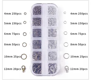 12-grid jewelry DIY kit with lobster clasps and open jump rings in various sizes and colors