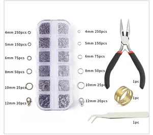 Detailed 12-compartment kit with lobster clasps, jump rings, and jewelry making tools