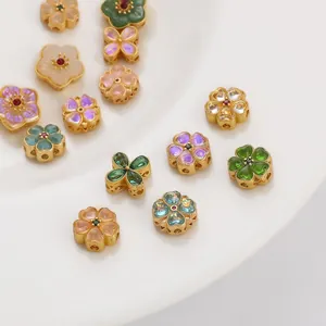 Koperen Vergulde Ingelegde Glazen Bloemenkralen Voor DIY Sieraden Maken Holle Klaver Pruim Kersenbloesem Strass Charms Accessoires