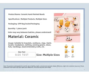Detailed view of hand-painted ceramic animal beads with horizontal holes and dimensions