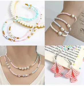 Detailed view of handmade beaded jewelry set with pastel jade-like glass seed beads