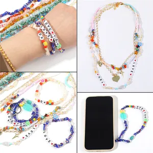 Colorful millefiori glass bead jewelry set with letter charms and heart pendants