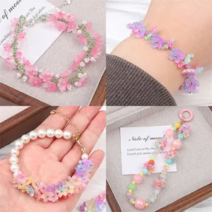 Handmade gradient glass flower beads and pearl bracelets with adjustable metal chains