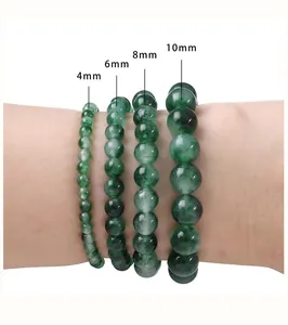 Size comparison of 4mm to 10mm green aventurine bead bracelets on a model wrist