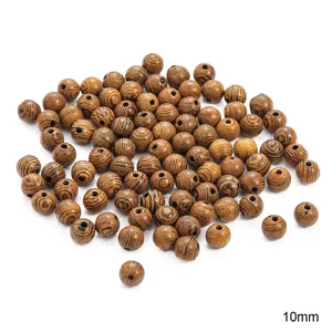 10mm brown natural wood beads with polished grain and pre-drilled holes for DIY jewelry