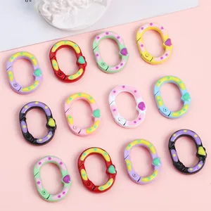Colorful Heart Polka Dot Oval Alloy Spring Buckle Open Ring Connector For DIY Keychain Bag Jewelry Making Accessories