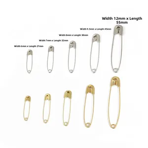Five sizes of gold and silver metal safety pins for DIY knitting with size chart on white