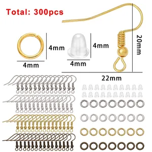 Kit DIY 300 pièces avec crochets d'oreilles, anneaux ouverts et fermoirs en 4 coloris