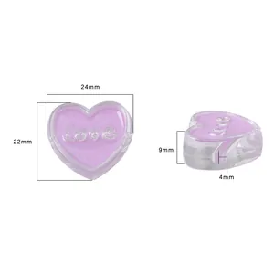 Purple acrylic heart bead with Love engraving and DIY jewelry size specifications