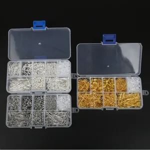 Macro shot of 10-grid jewelry making kit with various metal findings and storage boxes